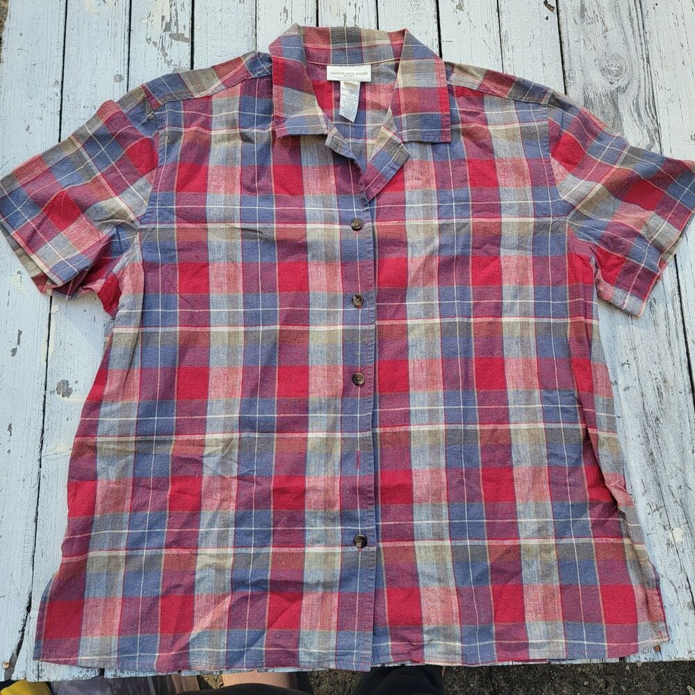 Jones New York Sport Womens L Linen Cotton Plaid Button Front Shirt Red Blue